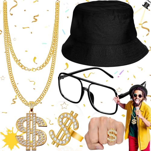 Weploda 4 Piezas Hip Hop Kostüm Eimer Hut, Accesorios de Rapero, Dollar Kette Dollarzeichen Ring, Gafas de Sol, Accesorios de Rapero de Los Años 80/90, Para Hombres y Mujeres von Weploda