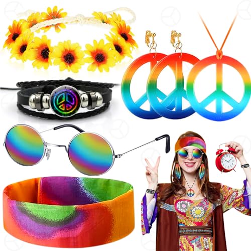 Weploda 7 Stück Hippie Accessoires, Hippie Kostüm Damen, Hippie Kostüm, Kommt Mit Sonnenbrille, Stirnband, Peace-Zeichen-Halskette Und Ohrringen für Eine Party Im Stil Der 60er und 70er Jahre von Weploda