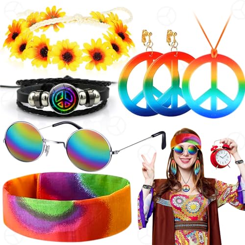 Weploda 7 Stück Hippie Kostüm Set, Hippie Accessoires, Hippie Accessoires mit 60er, Hippie Kostüm Set mit Sonnenbrille, Buntes Hippie Stirnband, Für 60er 70er Party Verkleiden Zubehörset Weploda 7 Stück Hippie Kostüm Set, Hippie Accessoires, Hippie Accessoires mit 60er, Hippie Kostüm Set mit Sonnenbrille, Buntes Hippie Stirnband, Für 60er 70er Party Verkleiden Zubehörset von Weploda