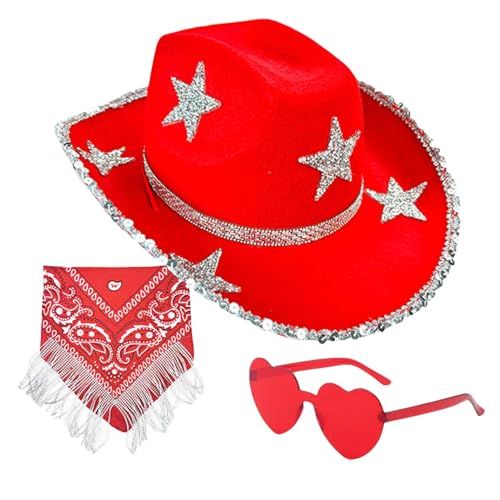 Disco Cowgirl-Hut – 3 x glitzernde Cowboyhüte für Damen, Glitzer-Cowboyhut, Strass-Stern, Cosplay-Zubehör-Set, glitzernder Cowgirl-Hut für Disco-Partys, Western-Hochzeit, Cosplay von Weppduk