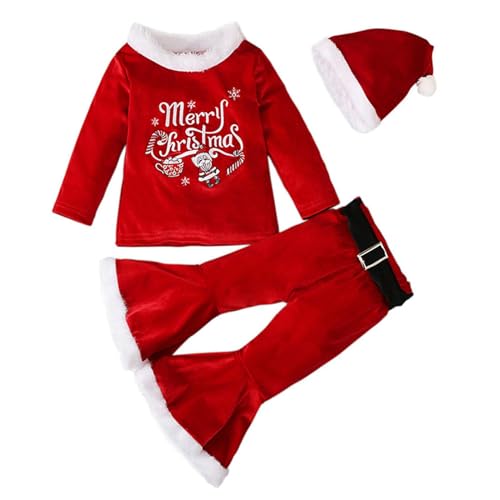 Weppduk Weihnachtsoutfit für Kinder, langärmelig, Samt, ausgestellte Hose, Hut, Weihnachtsset, hautfreundlich, weicher Samt, Winter-Weihnachtsoutfits für Urlaub, Geburtstag, Party, XS, A von Weppduk