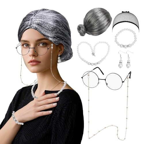 7 Stück Oma Kostüm Accessoire Set, Oma Perücke Grau mit Perückenkappe, Oma Brille mit Brillenketten, Perlenkette Armband Ohrringe, Alte Dame Cosplay Set für Karneval Maskerade Fasching Halloween von Werownsgso