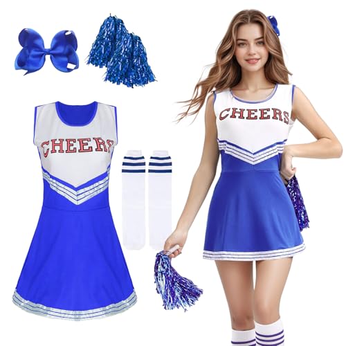 Cheerleader Kostüm Damen, Cheerleadering Kostüm Halloween mit Pompoms Socken Schmetterlingshaarspange, Cheerleader Uniform Kleid, High School Cheerleader Kostüm für Halloween Karnevalspartys (Blau, L) Cheerleader Kostüm Damen, Cheerleadering Kostüm Halloween mit Pompoms Socken Schmetterlingshaarspange, Cheerleader Uniform Kleid, High School Cheerleader Kostüm für Halloween Karnevalspartys (Blau, L) von Werownsgso