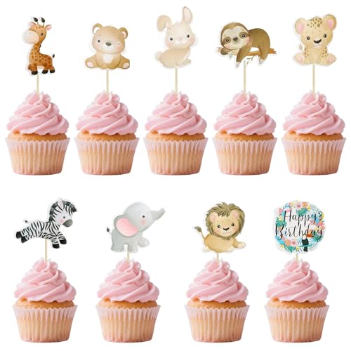 Cupcake-Dekorationen mit Tiermotiven, Safari-Kuchendekorationen, Happy Birthday-Kuchen, geeignet für Kinder, wilder Dschungel, Tier-Themenparty, Feier, Party, Event, Baby-Taufbedarf, 36 Stück von Werownsgso
