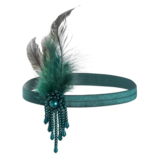 Feder Stirnband - Damen Gatsby Kostüm Accessoires, Vintage Kostümzubehör mit Kristall Quaste für Hochzeitsfeier, Karneval, Fasching & Deco Kostüm (Grün) von Werownsgso