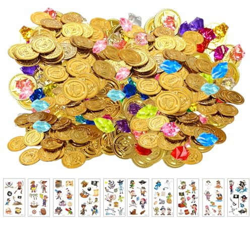 Werownsgso 160 Stück Piraten Goldmünzen Schmucksteine Set 50 Piratenschatz Goldmünzen 100 Edelsteine für Kinder 10 Piraten Tattoo Aufkleber Piraten Schatzsuche Deko für Kindergeburtstag Party von Werownsgso