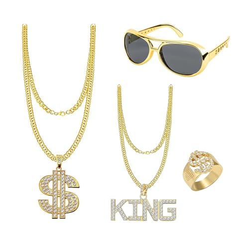 Werownsgso 4 Stück Hip Hop Kostüm Zubehör Set, Dollar King Kunststoff Kette Dollarzeichen-Ring Retro Sonnenbrille, 80er 90er Jahre Rapper Outfit, Hip-Hop-Accessoire für Fasching Karneval Cosplay Werownsgso 4 Stück Hip Hop Kostüm Zubehör Set, Dollar King Kunststoff Kette Dollarzeichen-Ring Retro Sonnenbrille, 80er 90er Jahre Rapper Outfit, Hip-Hop-Accessoire für Fasching Karneval Cosplay von Werownsgso