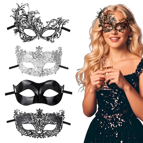 Werownsgso 4 Stück Venezianische Maske Damen, Schwarze Silberfarben Spitzenmaske, Maskerade-Maske, Retro Maskerade für Karneval Cosplay Party Kostüm Maskenball Frau Mädchen Werownsgso 4 Stück Venezianische Maske Damen, Schwarze Silberfarben Spitzenmaske, Maskerade-Maske, Retro Maskerade für Karneval Cosplay Party Kostüm Maskenball Frau Mädchen von Werownsgso