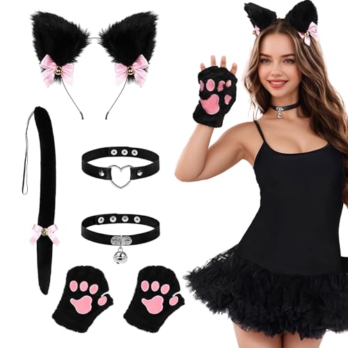 Werownsgso 6 Stück Katze Kostüm Set, Katze Cosplay Set mit Katzenohren Stirnband Halsband Plüsch Klaue Schwanzkragen, Katzenkostüm Set für Halloween Karneval Kostüm Party von Werownsgso