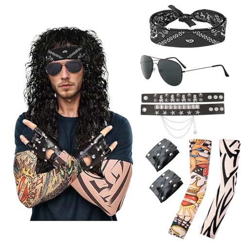 Werownsgso 7 Stück Rocker Outfit Herren, 70er 80er 90er Jahre Outfit Faschingskostüme, Rocker Accessories mit Perücken Ärmel Handschuhe Sonnenbrillen Kopftücher für Fasching Karneval Cosplay Werownsgso 7 Stück Rocker Outfit Herren, 70er 80er 90er Jahre Outfit Faschingskostüme, Rocker Accessories mit Perücken Ärmel Handschuhe Sonnenbrillen Kopftücher für Fasching Karneval Cosplay von Werownsgso