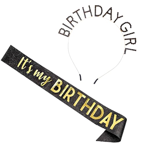 Werownsgso Geburtstagsset mit schwarzem Gürtel und Tiara Mädchen Stirnband Krone Happy Birthday Gürtel Frauen Uni geeignet für Party Dekoration von Werownsgso