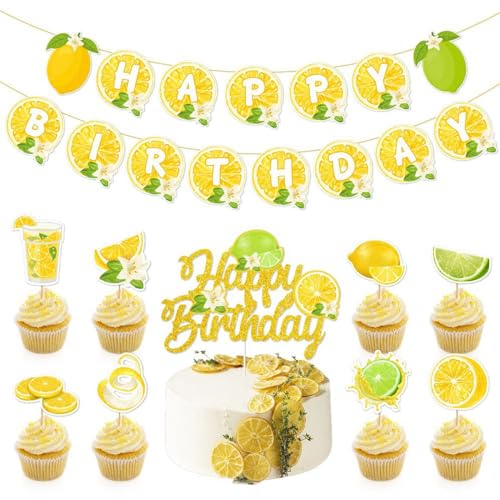 Zitronen-Themen-Geburtstagsparty-Dekor-Set, gelbes "Happy Birthday"-Banner, Kuchen- und Cupcake-Topper, ideal für Sommerobst, Themenpartys und Fotohintergründe Zitronen-Themen-Geburtstagsparty-Dekor-Set, gelbes "Happy Birthday"-Banner, Kuchen- und Cupcake-Topper, ideal für Sommerobst, Themenpartys und Fotohintergründe von Werwing