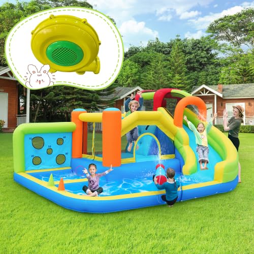 Hüpfburg für Kinder mit Ventilator, Multifunktionaler Wasserpark Kindertrampolinpark mit Wasserrutsche, Wurfwand, Basketballkorb, Kletterwand und 450-W-Ventilator von Weskjer