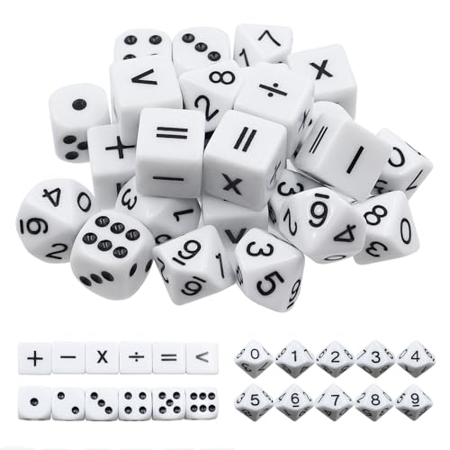WestCH 30 Stück Würfel Set,Flüsterwürfel,Knobel Spielwürfel,Weiß Unterrichtswürfel,für Kinder 8-12,Größe 16mm(10 Stück Mathe Operationswürfel + 10 Stück Zahlenwürfel + 10 Stück Punktwürfel) von WestCH