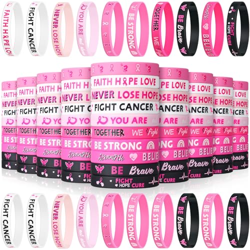Wettarn 100 Stück Brustkrebs-Armbänder aus Silikon, für Brustkrebs-Bewusstseinsarmband, rosa Band, farbige Stärke, Glaube, Hoffnung, Armbänder für Partyzubehör, Gastgeschenke Wettarn 100 Stück Brustkrebs-Armbänder aus Silikon, für Brustkrebs-Bewusstseinsarmband, rosa Band, farbige Stärke, Glaube, Hoffnung, Armbänder für Partyzubehör, Gastgeschenke von Wettarn