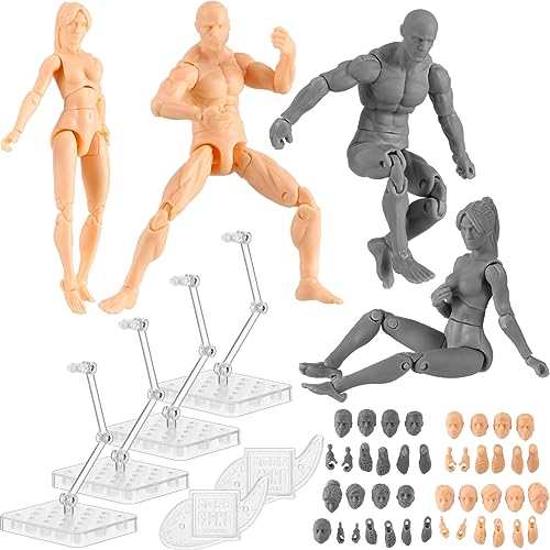 Wettarn 4 Sets Action Figure Drawing Model Body Action Figures PVC Poseable Mannequin Painting Drawing for Body Model Artist Decoration Collection Gifts Male Female Grey Skin Tone von Wettarn