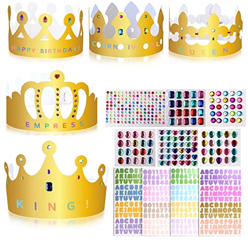 Weysoo Papier Krone Partyhüte, mit Selbstklebende Strasssticker ＆ Alphanumerische Aufkleber, DIY Party Kronenhut Set für Prinzessin Königin Prinz Geburtstagsparty (5 Krone) von Weysoo