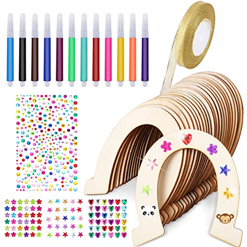 Hufeisen Holz, 41 Stück Hufeisen Kindergeburtstag mit Aquarellstift/ Strasssteine Sticker/Glitzerbändern, Hufeisen Holz zum Bemalen, Scheiben Hufeisen für Kinder Party, Geburtstagsdeko, DIY, Hochzeit von Weysoo