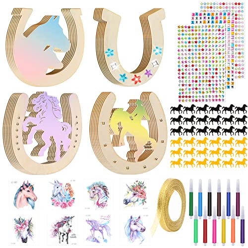 Weysoo Hufeisen Holz, 49 Stück Hufeisen Kindergeburtstag mit Pferd Konfetti/Aquarellstift/Glitzersteine/Glitzerbändern/Tattoo stickers, Hufeisen Holz zum Bemalen für Kinder Party, DIY - 4 Stile Weysoo Hufeisen Holz, 49 Stück Hufeisen Kindergeburtstag mit Pferd Konfetti/Aquarellstift/Glitzersteine/Glitzerbändern/Tattoo stickers, Hufeisen Holz zum Bemalen für Kinder Party, DIY - 4 Stile von Weysoo
