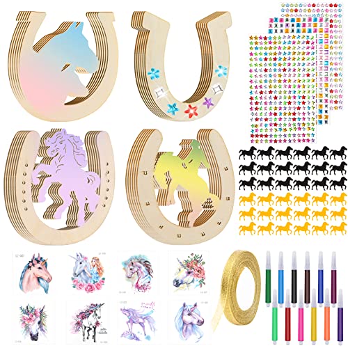 Weysoo Hufeisen Holz, 49 Stück Hufeisen Kindergeburtstag mit Pferd Konfetti/Aquarellstift/Glitzersteine/Glitzerbändern/Tattoo stickers, Hufeisen Holz zum Bemalen für Kinder Party, DIY - 4 Stile von Weysoo