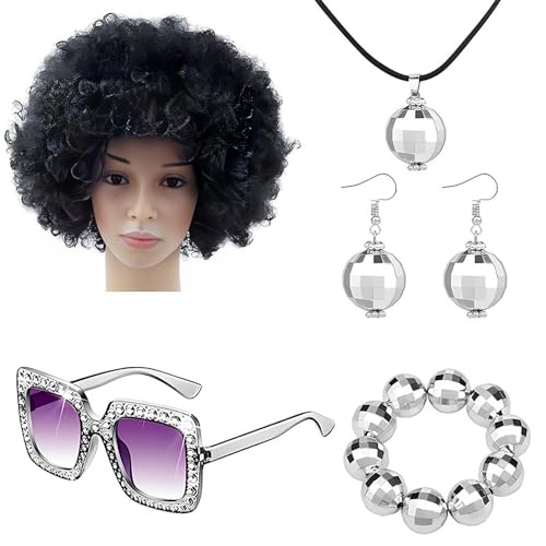 Wezalget 70er Jahre Disco Zubehör für Damen, Rapper Kostüm Bling Disco Ball Zubehör, Afro Perücke, Ohrringe, Sonnenbrille, Zubehör, Halskette Kit für Männer, Frauen Wezalget 70er Jahre Disco Zubehör für Damen, Rapper Kostüm Bling Disco Ball Zubehör, Afro Perücke, Ohrringe, Sonnenbrille, Zubehör, Halskette Kit für Männer, Frauen von Wezalget