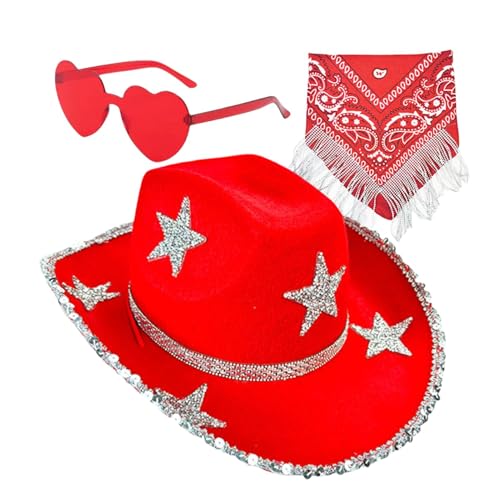 Wezalget Bling Cowboyhüte für Damen – 3 x Glitzer-Cowboyhut mit Strass-Stern – Bling Cowgirl-Hut, Halloween-Party-Kostüm für Halloween-Rolle von Wezalget