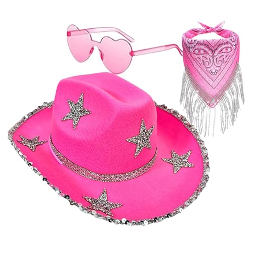 Wezalget Bling Cowboyhüte für Damen | 3X Glitzer Cowboyhut Strass Stern | Halloween Party Kostüm Cosplay Zubehör Set für Damen Herren von Wezalget