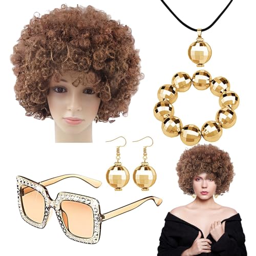 Wezalget Disco Schmuck für Damen 70er Jahre Discoball Zubehör 70er Jahre Disco Kostüm Set Rapper Kostüm mit Afro Perücke, Armband, Sonnenbrille, Halskette für Hip Hop Rapper Disco von Wezalget