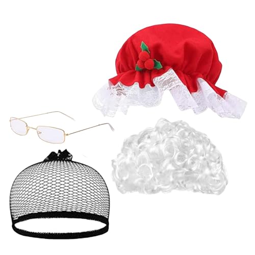 Wezalget Oma-Perücken für Damen, festliches Kostümzubehör – Damen-Weihnachtsmütze, Perücke, Brille und Haarnetze für Weihnachtsfeiern von Wezalget