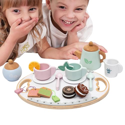 Wezalget Spielzeug-Teeservice,Kinder-Teeservice - Teeparty-Set aus Holz für Kinder,Spiellebensmittelset aus Holz, Rollenspielzubehör, Küchenspielset für kleine Mädchen und Jungen von Wezalget