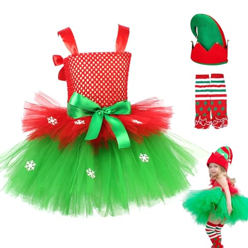 Wezalget Weihnachtskleid Mädchen,Weihnachtskostüm mit Hut und Socken - Ärmelloses Tüllkleid für 2-12 Jahre Wintertag Rollenspiel Party Bühnenauftritt Fotografie von Wezalget