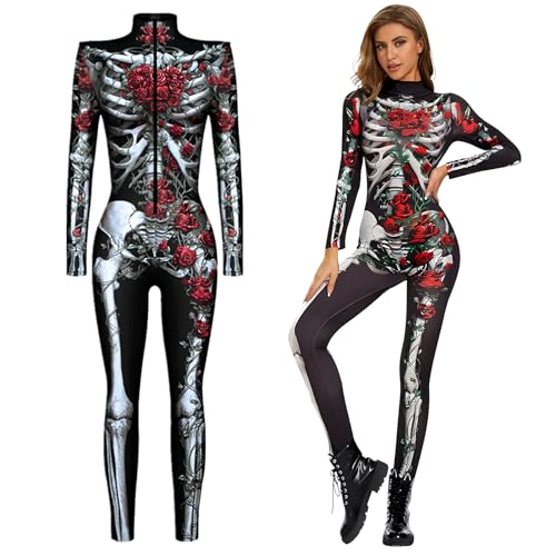 Wffeila Halloween Skelett Anzug Damen, Skelett Halloween Kostüm Damen, Skelett Kostüm Damen Leuchtend, Halloween Damen Skelett, Faschingskostüme Damen Skelett, Halloween Kostüm Damen Skelett (M) von Wffeila