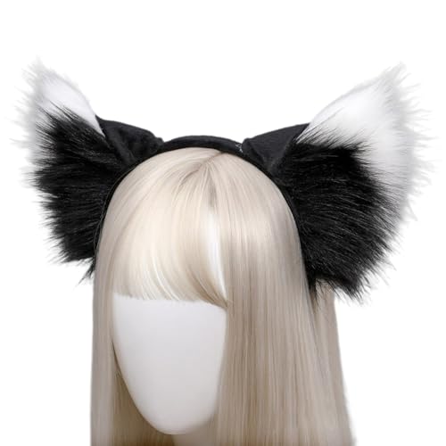 Plüsch Fuchsohren Haarreif,Tierohren Haarbänder Haarschmuck,Niedliche Kopfbedeckung Cosplay Kleidung,Halloween Kostüm,Haar-Accessoires für Cosplay Party Mottoparty Weihnachtsfeier,Schwarz Weiß von Whakano