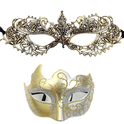 Whakano 2 Stück Venezianische Masken für Paar,Spitze Maske für Damen,Maskerade Herren,Augenmaske Halbes Gesicht Maske für Halloween Karneval Abendkleid Tanz Maskenball Party Cosplay,Gold Silber Whakano 2 Stück Venezianische Masken für Paar,Spitze Maske für Damen,Maskerade Herren,Augenmaske Halbes Gesicht Maske für Halloween Karneval Abendkleid Tanz Maskenball Party Cosplay,Gold Silber von Whakano