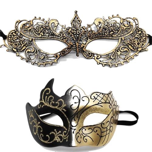 Whakano 2 Stück Venezianische Masken für Paar,Spitze Maske für Damen,Maskerade Herren,Augenmaske Halbes Gesicht Maske für Halloween Karneval Abendkleid Tanz Maskenball Party Cosplay,Schwarz Gold Whakano 2 Stück Venezianische Masken für Paar,Spitze Maske für Damen,Maskerade Herren,Augenmaske Halbes Gesicht Maske für Halloween Karneval Abendkleid Tanz Maskenball Party Cosplay,Schwarz Gold von Whakano