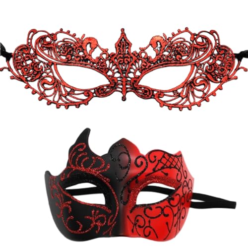 Whakano 2 Stück Venezianische Masken für Paar,Spitze Maske für Damen,Maskerade Herren,Augenmaske Halbes Gesicht Maske für Halloween Karneval Abendkleid Tanz Maskenball Party Cosplay,Schwarz Rot von Whakano