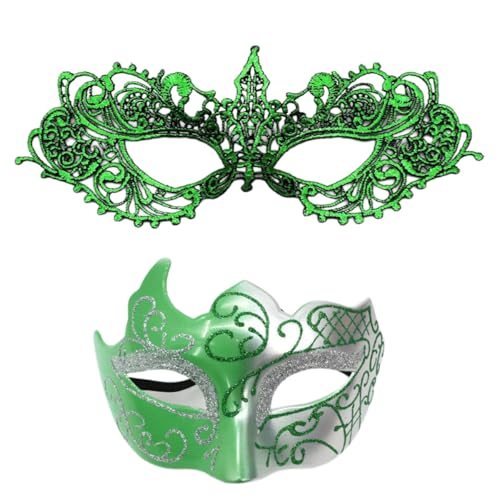 Whakano 2 Stück Venezianische Masken für Paar,Spitze Maske für Damen,Maskerade Herren,Augenmaske Halbes Gesicht Maske für Halloween Karneval Abendkleid Tanz Maskenball Party Cosplay,Silber Grün von Whakano