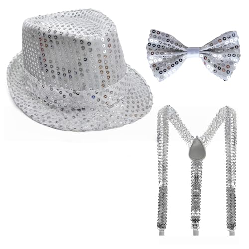 Whakano Glitzer Outfit Herren 3er Set,70er Jahre Pailletten Kostüme,Herrenhut,Fliege,Hosenträger,Disco Party Zubehör,Fasching Accessories für Karneval Mottoparty,Dance Performance,Silber von Whakano