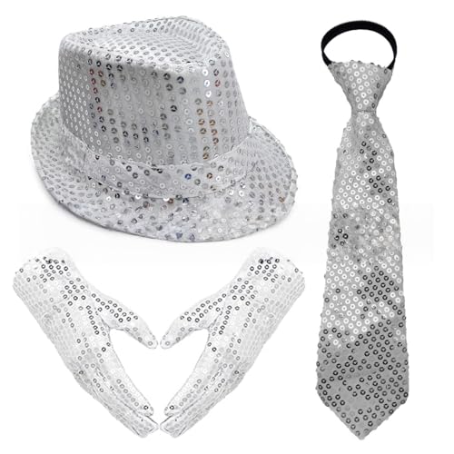 Whakano Glitzer Outfit Herren 3er Set,70er Jahre Pailletten Kostüme,Herrenhut,Krawatte,Handschuhe,Disco Party Zubehör,Fasching Accessories für Karneval Mottoparty,Dance Performance,Silber von Whakano