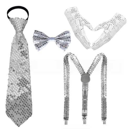 Whakano Glitzer Outfit Herren 4er Set,70er Jahre Pailletten Kostüme,Fliege,Krawatte,Handschuhe,Hosenträger,Disco Party Zubehör,Fasching Accessories für Karneval Mottoparty,Dance Performance,Silber von Whakano