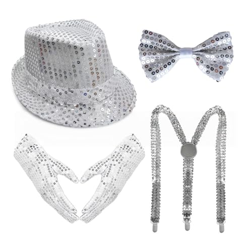 Whakano Glitzer Outfit Herren 4er Set,70er Jahre Pailletten Kostüme,Herrenhut,Fliege,Handschuhe,Hosenträger,Disco Party Zubehör,Fasching Accessories für Karneval Mottoparty,Dance Performance,Silber von Whakano