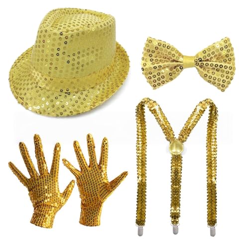 Whakano Glitzer Outfit Herren 4er Set,70er Jahre Pailletten Kostüme,Herrenhut,Fliege,Handschuhe,Hosenträger,Disco Party Zubehör,Fasching Accessories für Karneval Mottoparty,Dance Performance,Gold von Whakano