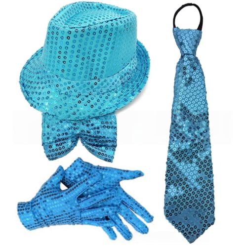 Whakano Glitzer Outfit Herren 4er Set,70er Jahre Pailletten Kostüme,Herrenhut,Fliege,Krawatte,Handschuhe,Disco Party Zubehör,Fasching Accessories für Karneval Mottoparty,Dance Performance,Himmelblau von Whakano