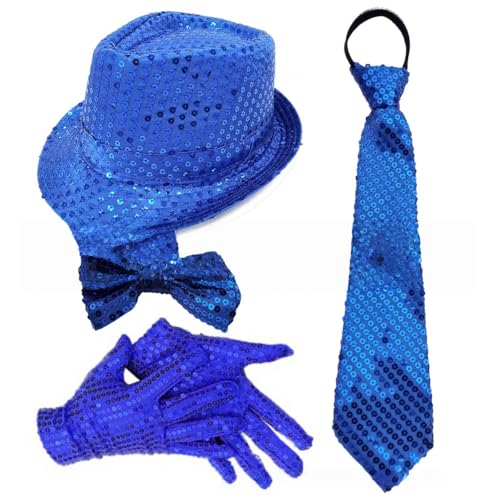 Whakano Glitzer Outfit Herren 4er Set,70er Jahre Pailletten Kostüme,Herrenhut,Fliege,Krawatte,Handschuhe,Disco Party Zubehör,Fasching Accessories für Karneval Mottoparty,Dance Performance,Königsblau von Whakano