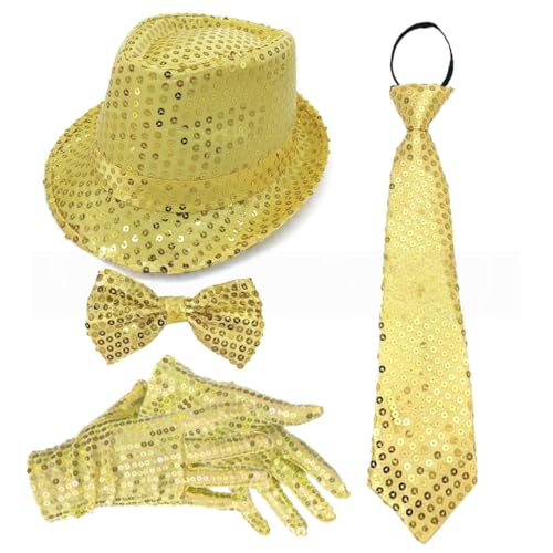 Whakano Glitzer Outfit Herren 4er Set,70er Jahre Pailletten Kostüme,Herrenhut,Fliege,Krawatte,Handschuhe,Disco Party Zubehör,Fasching Accessories für Karneval Mottoparty,Dance Performance,Gold von Whakano