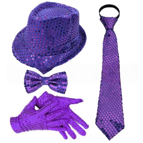 Whakano Glitzer Outfit Herren 4er Set,70er Jahre Pailletten Kostüme,Herrenhut,Fliege,Krawatte,Handschuhe,Disco Party Zubehör,Fasching Accessories für Karneval Mottoparty,Dance Performance,Lila von Whakano