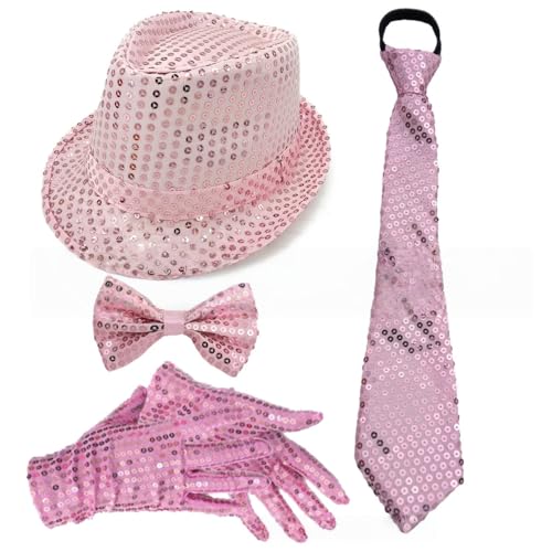 Whakano Glitzer Outfit Herren 4er Set,70er Jahre Pailletten Kostüme,Herrenhut,Fliege,Krawatte,Handschuhe,Disco Party Zubehör,Fasching Accessories für Karneval Mottoparty,Dance Performance,Rosa von Whakano