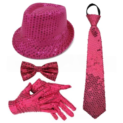 Whakano Glitzer Outfit Herren 4er Set,70er Jahre Pailletten Kostüme,Herrenhut,Fliege,Krawatte,Handschuhe,Disco Party Zubehör,Fasching Accessories für Karneval Mottoparty,Dance Performance,Rosenrot von Whakano