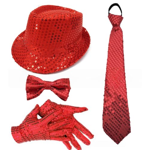 Whakano Glitzer Outfit Herren 4er Set,70er Jahre Pailletten Kostüme,Herrenhut,Fliege,Krawatte,Handschuhe,Disco Party Zubehör,Fasching Accessories für Karneval Mottoparty,Dance Performance,Rot von Whakano