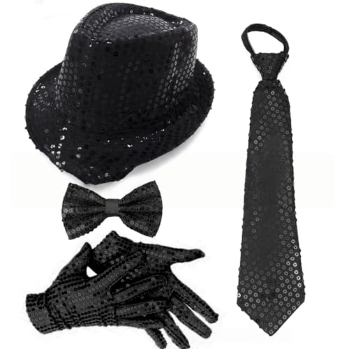 Whakano Glitzer Outfit Herren 4er Set,70er Jahre Pailletten Kostüme,Herrenhut,Fliege,Krawatte,Handschuhe,Disco Party Zubehör,Fasching Accessories für Karneval Mottoparty,Dance Performance,Schwarz von Whakano
